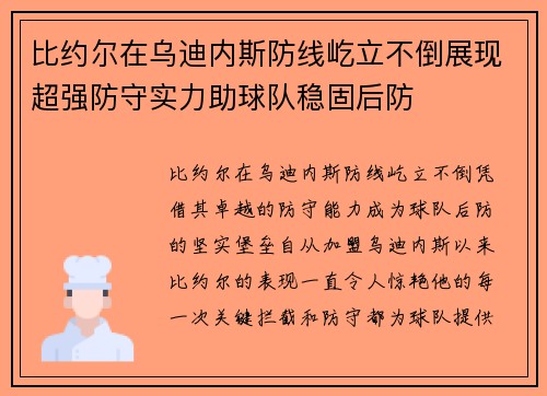 比约尔在乌迪内斯防线屹立不倒展现超强防守实力助球队稳固后防